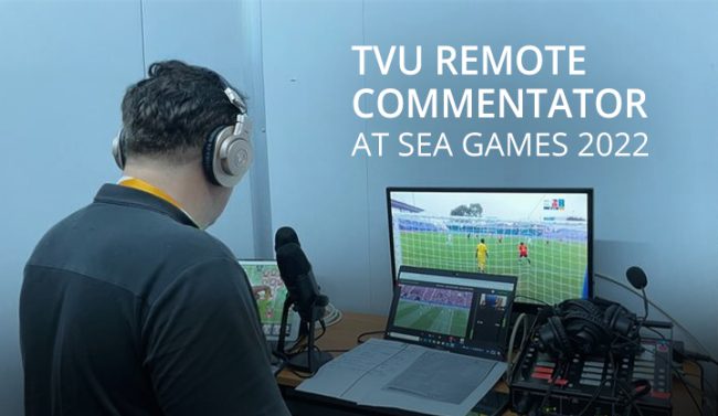 評論員在河內使用TVU Remote Commentator解說男足比賽