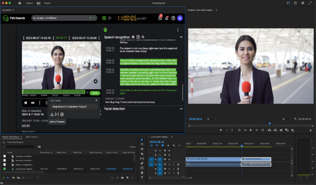 集成了TVU Search插件的Adobe Premiere Pro制作界面